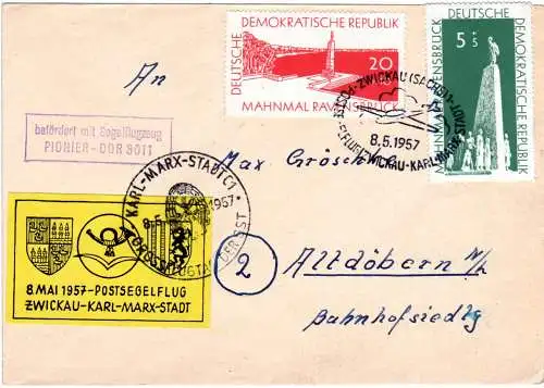 DDR 1957, Post Segelflug Brief  Zwickau-Karl Marx Stadt m. entspr. Sonderstpl.