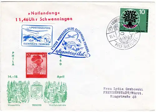 BRD 1960, Postsegelflug Brief Elchingen-Triberg m. Aufkleber u. Sonderstempel