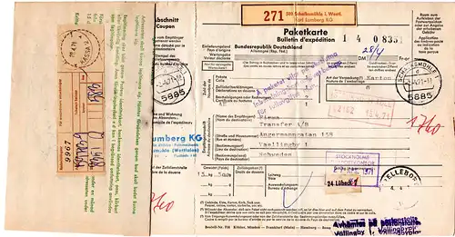 BRD 1971, Auslandspaketkarte v. Schalksmühle m. Schweden Gebührenzettel