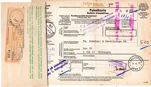 BRD 1971, Auslandspaketkarte v. Wuppertal Vohwinkel m. Schweden Gebührenzettel