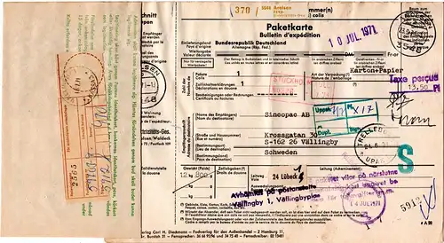 BRD 1971, Auslandspaketkarte v. Arolsen m. Schweden Gebührenzettel