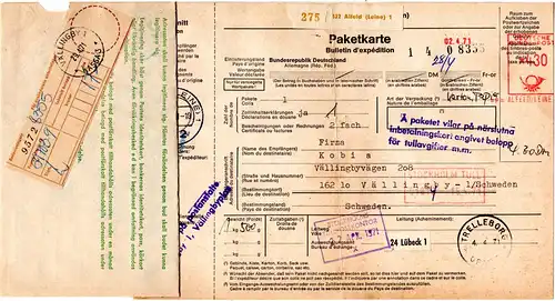 BRD 1971, Auslandspaketkarte v. Alfeld m. Schweden Gebührenzettel