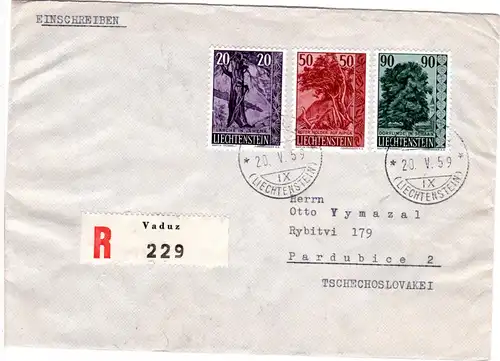 Liechtenstein 1959, 20+50+90 R. auf Reko Brief v. Vaduz i.d. Tschechoslowakei