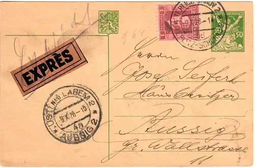Tschechoslowakei 1926, 1 K. Zusatz auf 50 H. Ganzsache per Eilboten v. Teplitz