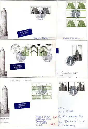 Irland, 6 FDC Architektur, u.a. m. Zwischenstegen. Dabei Luftpost u. Reko