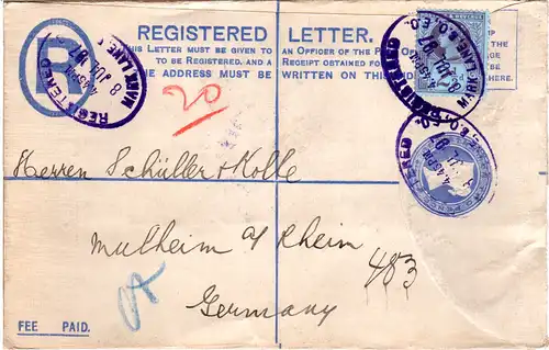 GB 1897, blauer Mark Lane Oval Stempel auf Einschreiben Ganzsachenumschlag