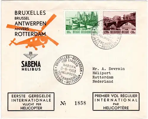 Belgien 1953, Helicopter Erstflug Brief Brüssel-Antwerpen-Rotterdam