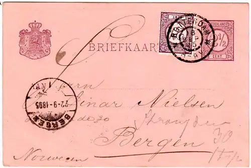 NL 1896, 2 1/2 C. Zusatzfr. auf Ganzsache v. Rotterdam n. Norwegen m. Bergen TUR