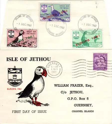 GB 1961, 3 Jethou Europa Vogel Marken in MiF m. GB 3d auf Brief v. Guernsey