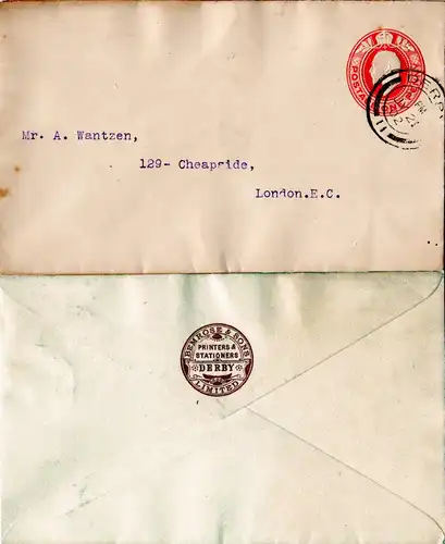 GB 1902, rücks. Zudruck Pemrose & Sons Ltd. Derby auf 1d Ganzsache Brief