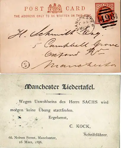 GB 1886, Manchester Liedertafel local used stationery card 