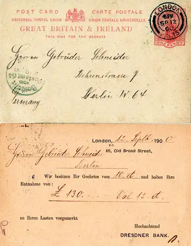 GB 1900, Dresdner Bank London stationery card used from London to Berlin