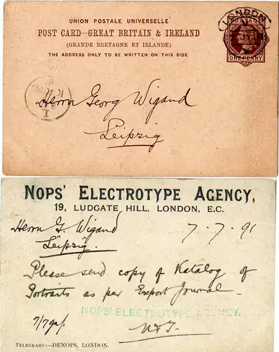 GB 1891, 1d Ganzsache m. rücks. Zudruck v. London n. Leipzig