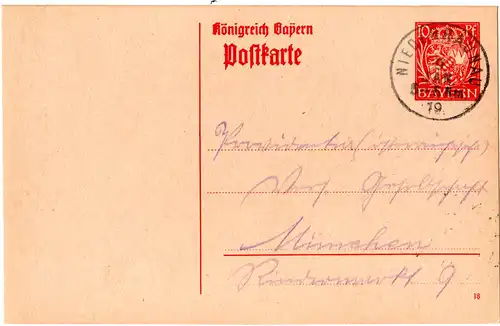 Bayern 1919, 10 Pf. Ganzsache m. Schwaben-K1 NIEDERRAUNAU