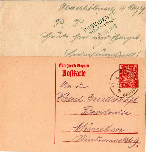 Bayern 1919, 10 Pf. Ganzsache v. Oberschöllnach m. K1 HOFKIRCHEN b. VILSHOFEN