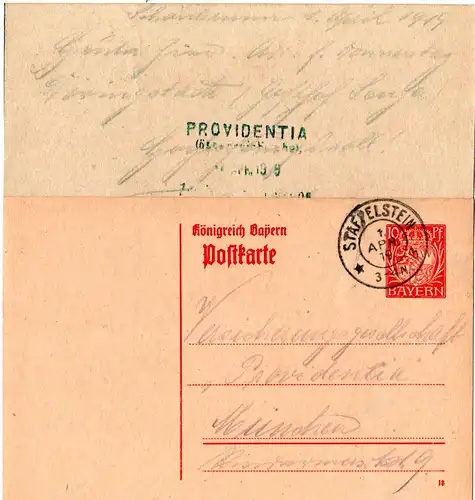 Bayern 1919, 10 Pf. Ganzsache v. Schönbrunn m. K2 STAFFELSTEIN