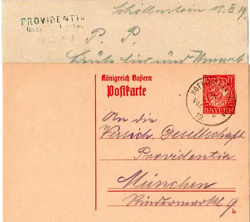 Bayern 1919, 10 Pf. Ganzsache v. Schöllnstein m. K1 HOFKIRCHEN b. VILSHOFEN