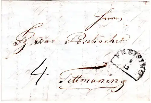 Bayern 1846, HKS FREiSING auf Porto Brief n. Tittmoning