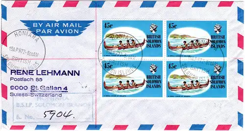 British Solomon Islands, 45 C. malaita canoe on regd. letter to Switzerland