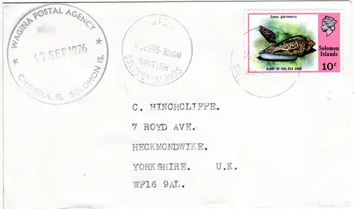 Solomon Islands, 10 C. Glory of the Sea cone on Wagina PA letter to Switzerland
