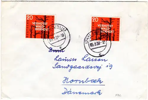 BRD 1958, MeF 2x20 Pf. Verhütet Waldbrände auf Brief v. HUSUM n. Dänemark