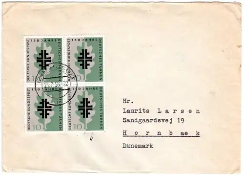 BRD 1958, MeF 4er-Block 10 Pf. Dt. Turnen auf Brief v. HUSUM n. Dänemark