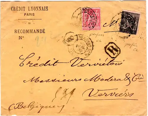 Frankreich 1900, 25+50 C. m. perfins auf Einschreiben Brief v. Paris n. Belgien