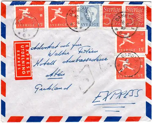 Schweden 1959, 7 Marken auf Luftpost Express Brief v. DANDERYD n. Griechenland