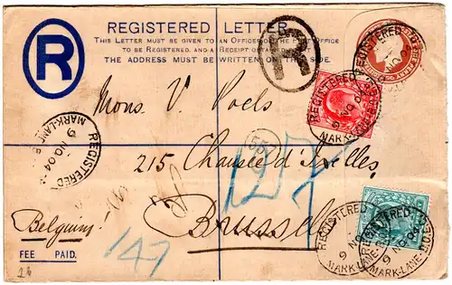 GB 1904, 1/2+1d Zusatzfr auf Einschreiben Ganzsache Brief m. Stpl. MARKLANE BOEC