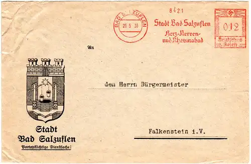 DR 1936, Bad Salzuflen Werbe Freistempel auf Bürgermeister Brief n. Falkenstein