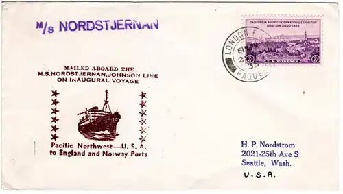 US-GB-Norway 1935, M/S NORDSTJERNAN ship mail cover with London Paquebot Stpl.