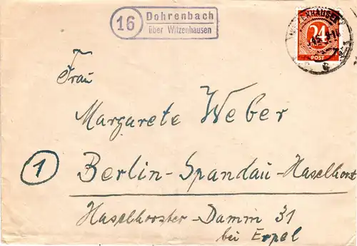 1945, 16 DOHRENBACH über Witzenhausen, Landpost Stpl. auf Brief m. 24 Pf.