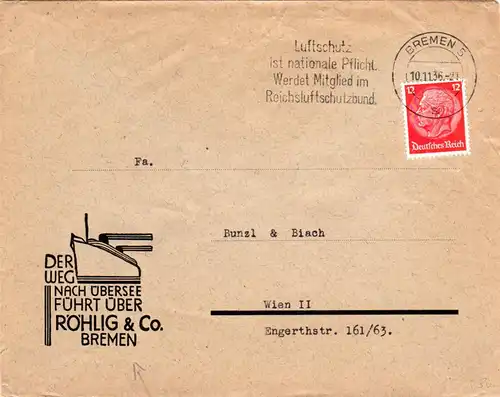 DR 1936, 12 Pf. auf Firmen Brief v. BREMEN m. Abb. Röhling & Co. Dampfer