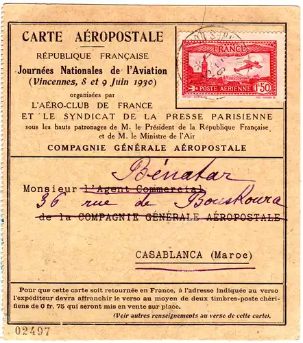 Frankreich 1930, 1,50 F. Poste Aerienne auf Carte Aèropostal Vincennes-Marokko