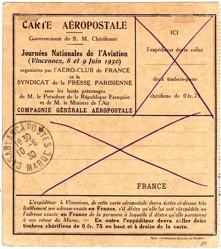 Frankreich 1930, 1,50 F. Poste Aerienne auf Carte Aèropostal Vincennes-Marokko
