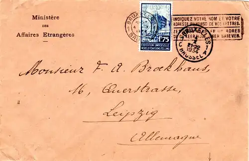 Belgien 1934, 1,75 Fr. auf Vordruck Brief Ministère Des Affaires Etrangères