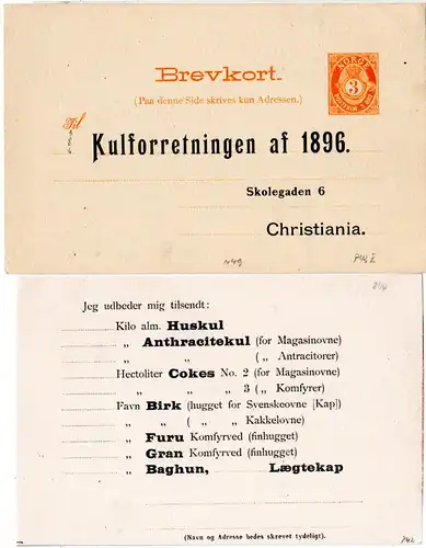 Norwegen 1896, 3 öre Ganzsache m. rücks. Zudruck Kulforretningen Christiania