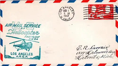 Helicopter Post USA 1947, Los Angeles Area First Flight, 5 c. Ganzsache Brief