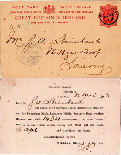 GB 1903, 1d Ganzsache m. rücks. Zudruck d. Deutschen Bank, Londoner Filiale