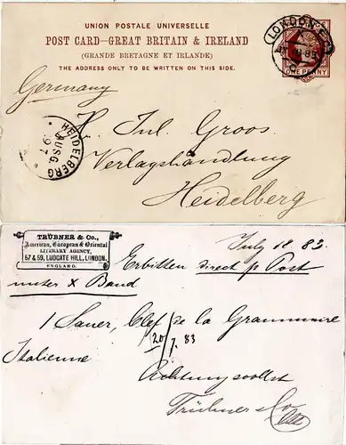 GB 1883, 1d Ganzsache m. rücks. Zudruck d. Trübner Literary Agency