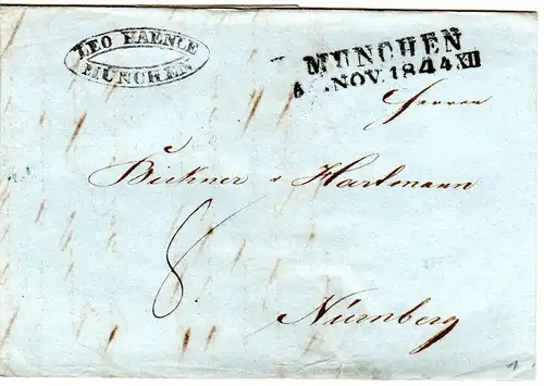 Bayern 1844, L2 MÜNCHEN auf Porto Brief n. Nürnberg