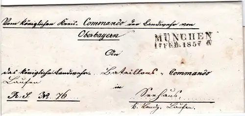 Bayern 1857, L2 MÜNCHEN auf Militaria Brief n. Seehaus b. Laufen