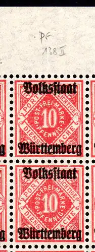 Württemberg D 138, 10 Pf. Volksstaat, Bogenteil m. 20 Marken inkl. Plattenfehler