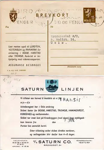 Norwegen 1951, 15 öre Ganzsache v. Oslo m. rs. Zudruck Saturn Linjen