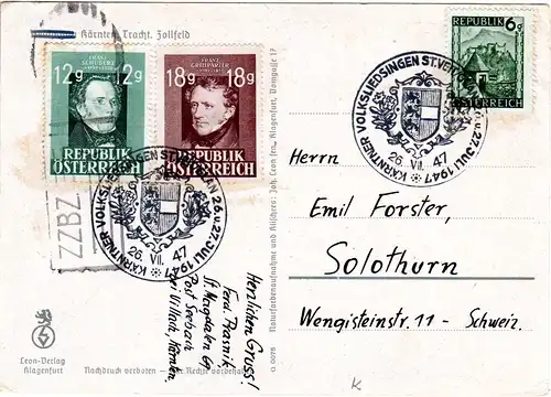 Österreich 1947, Karte m. St. Veit Sonderstpl. u. ZZBZ Zensur i.d. Schweiz