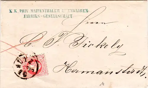 Österreich 1868, 5 Kr auf Firmenbrief Marienthaler Eisenwaren v. K1 OLMÜTZ