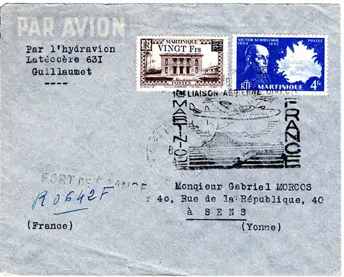 Martinique 1947, 20/3+4 Fr. auf Erstflug Reko Brief v. Fort-De-France 