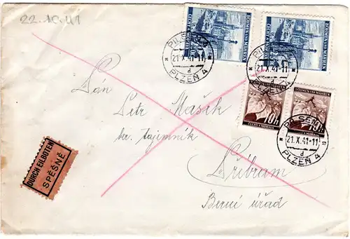 Böhmen u. Mähren 1941, je 2x 10 H.+2,50 K. auf Express Brief Pilsen-Pribram