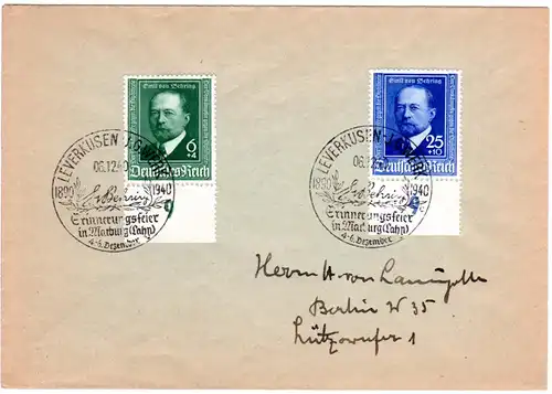 DR 1940, v. Behring 50 J. Diphterie, beide Werte auf Brief m. Leverkusen SoStpl.