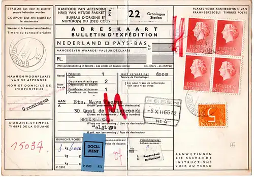 NL 1966, 4er-Block 1 G.+5 C. auf Paketkarte v. Groningen Station n. Belgien